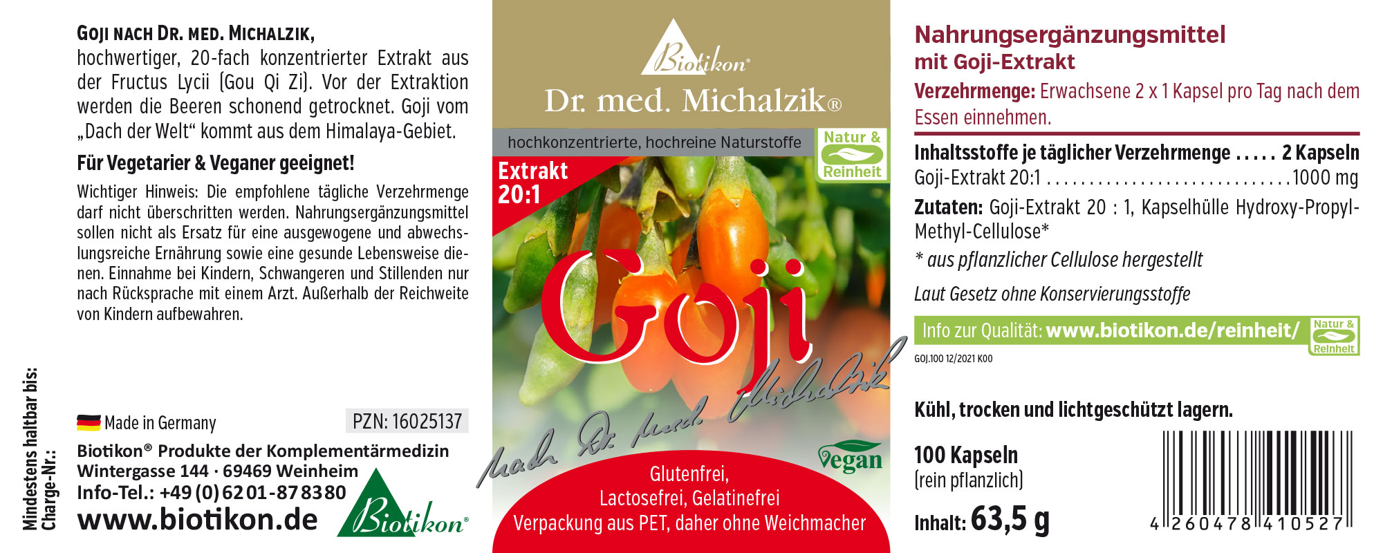 Goji Extrakt 1000 mg – 100 Kapseln Goji Extrakt in Kapseln, 100 Stück, vegan, rot, Verpackung aus PET.