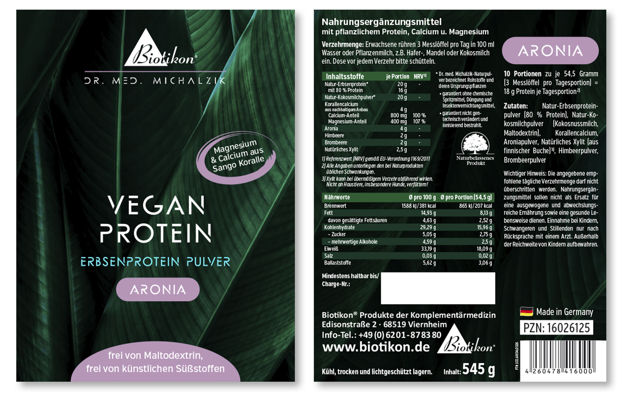 Pflanzenprotein-Pulver in Kombination mit Aronia, Beerenmix, 545 g Verpackung, violett-weißer Design.