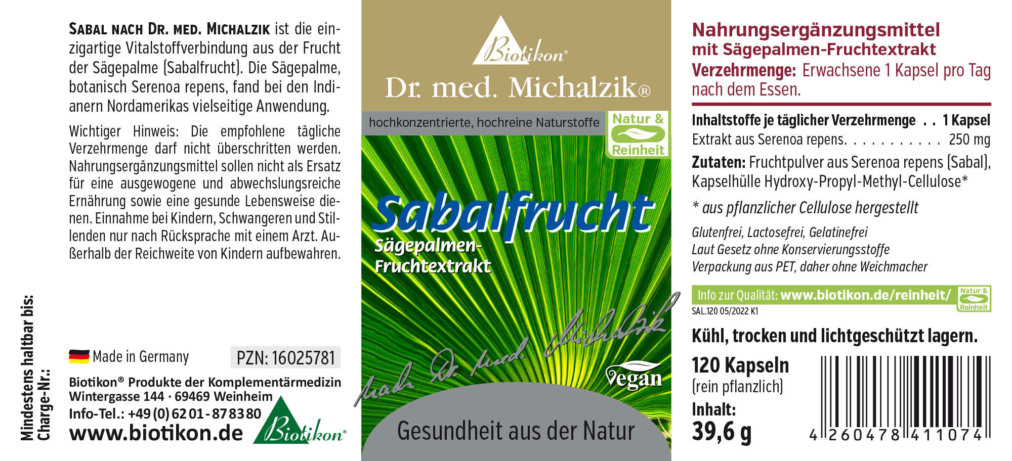 Sabalfrucht 250 mg – Kapseln Nahrungsergänzungsmittel mit Sägepalmen-Fruchtextrakt, 120 vegane Kapseln in grünlicher Verpackung.
