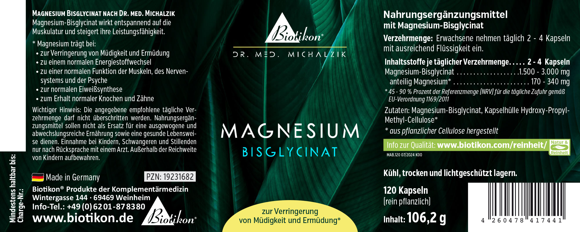Magnesium-Bisglycinat 120 Kapseln 120 Kapseln von Magnesium-Bisglycinat, grüne Verpackung, Vorderansicht, pflanzlich.