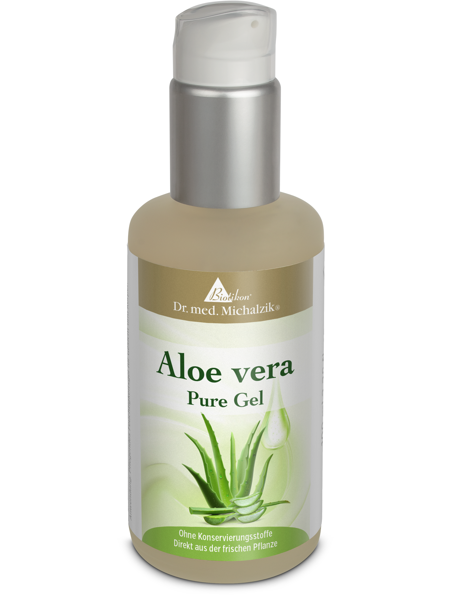 Aloe Vera Pure Gel – 100 ml Aloe Vera Pure Gel in einer 100 ml Flasche mit Pumpspender, transparente und grüne Verpackung.