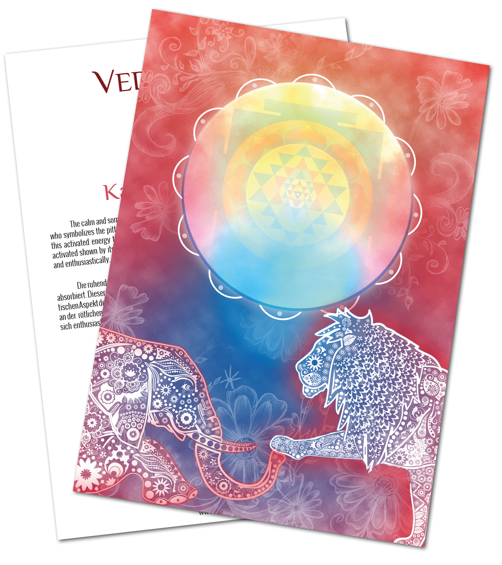 VedaCard Kapha Gestaltete Mandala-Karte im A4-Format, farbig mit Elefant und Löwen, Papier mit floralem Muster.