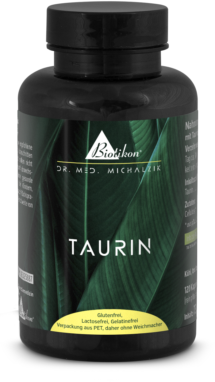 Taurin 120 Kapseln – Pure Taurin Blaue Flasche mit 120 Kapseln, glutenfrei und vegan, Kapseln liegen daneben auf einem weißen Hintergrund.