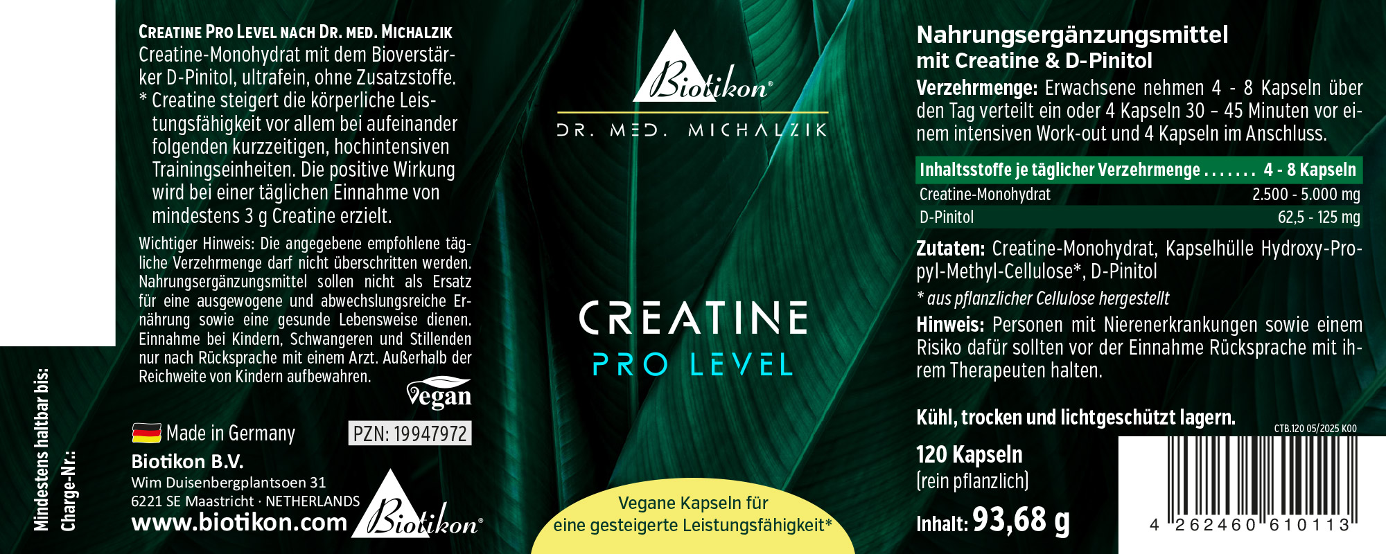 Creatin Pro Level – 120 Kapseln Vegane Kapseln mit Creatin-Monohydrat und D-Pinitol, 120 Stück in schwarzer Verpackung, Vorderansicht.