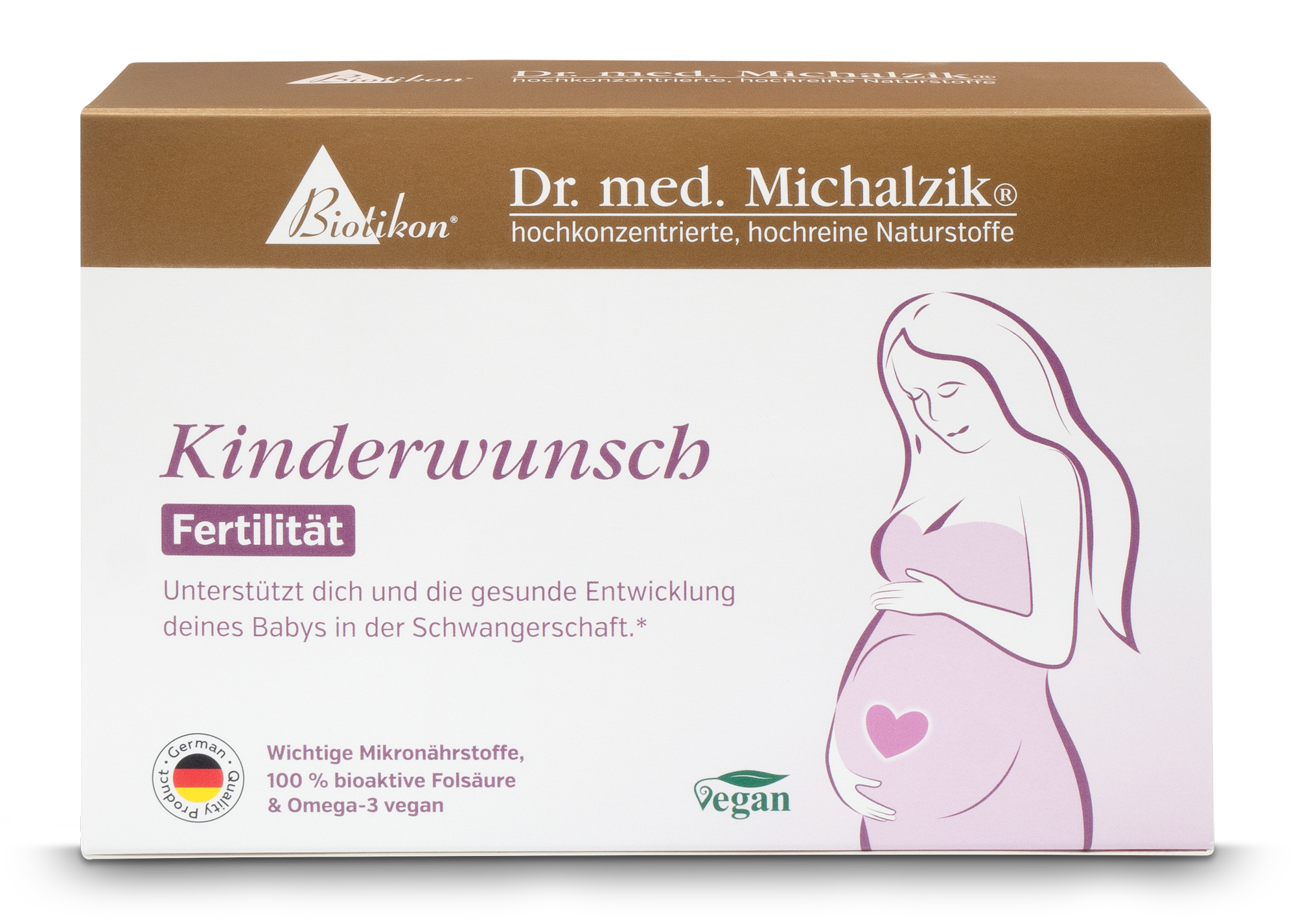 Kinderwunsch Fertilität – 30 Kapseln Paket von Kinderwunsch Fertilität, 30 Kapseln, vegan, Verpackungsdesign mit schwangere Frau auf der Vorderseite.