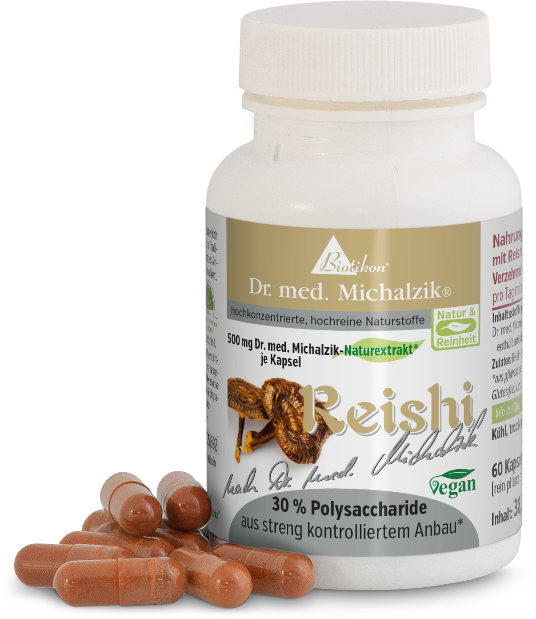 Reishi Kapseln 500 mg – 60 Stück Reishi-Kapseln in transparentem Behälter, 500 mg pro Kapsel, 60 Kapseln, braune Kapseln auf weißem Hintergrund.