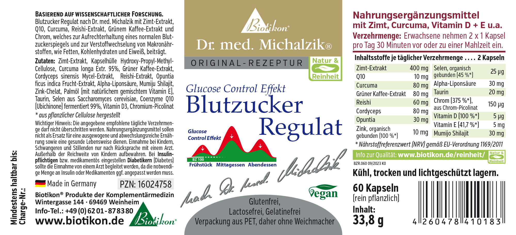 Blutzucker Regulat – 60 Kapseln Nahrungsergänzungsmittel Blutzucker Regulat in PET-Verpackung, 60 Kapseln, grünliche Farbgestaltung, seitliche Ansicht.