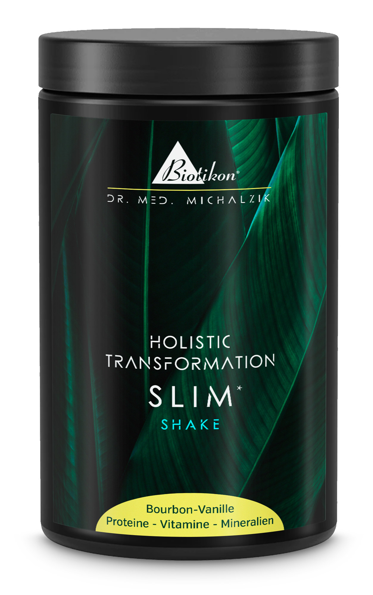Slim Shake – Protein-Drink Bourbon-Vanille Schwarzer Behälter mit Slim Shake, Bourbon-Vanille Geschmack, Protein, Vitamin und Mineralien, seitliche Perspektive.