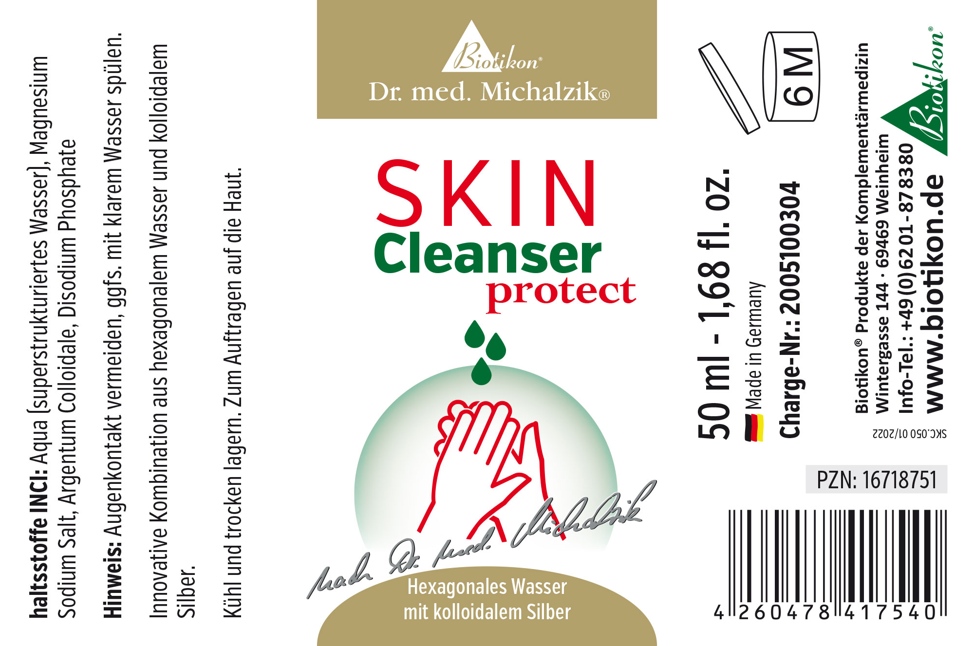 Skin Cleanser protect – 50 ml Reinigungslotion mit hexagonalem Wasser, 50 ml Flasche, weißes Design, hergestellt in Deutschland.