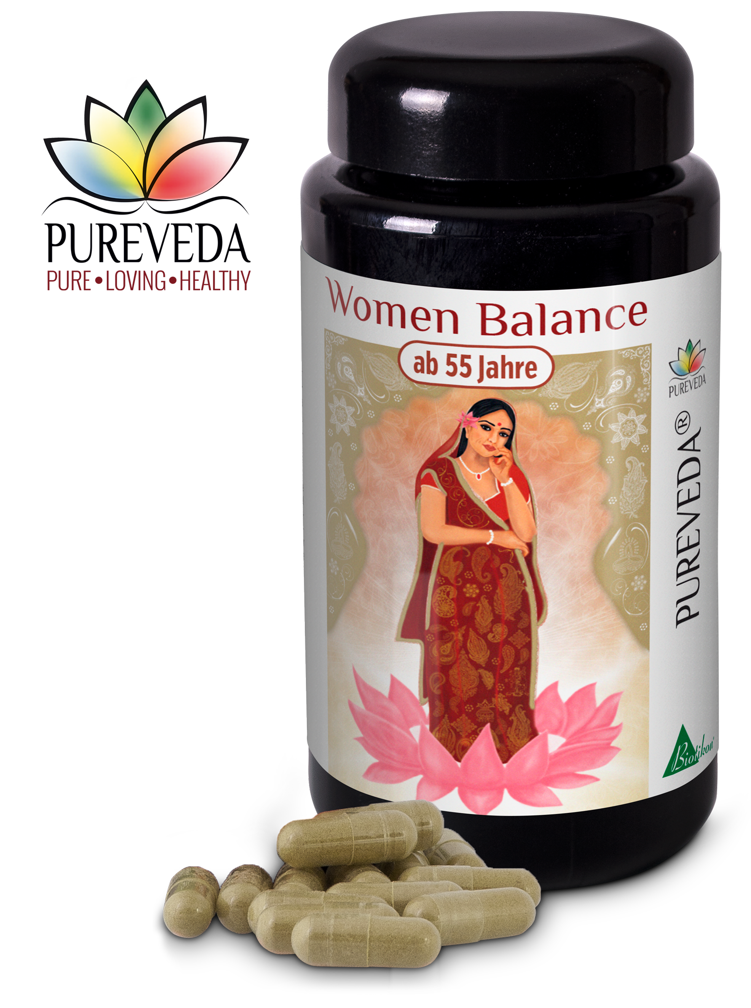 Frauenbalance Kapseln – ab 55 Jahren Dunkelglasflasche mit 'Women Balance' Kapseln für Frauen ab 55 Jahren, beige Kapseln außen liegend.
