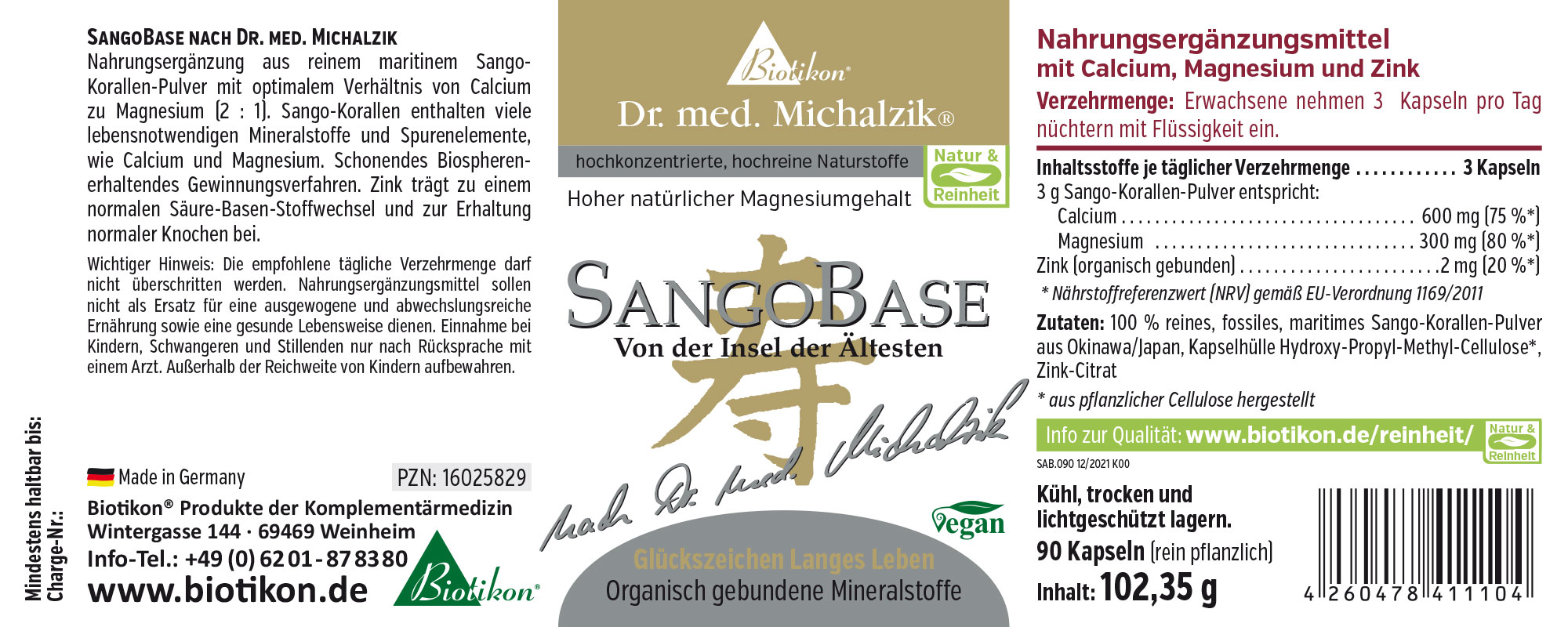 SangoBase – 90 Kapseln Nahrungsergänzungsmittel aus Sango-Korallen-Pulver mit Calcium und Magnesium, 90 Kapseln in einer blauen Verpackung.