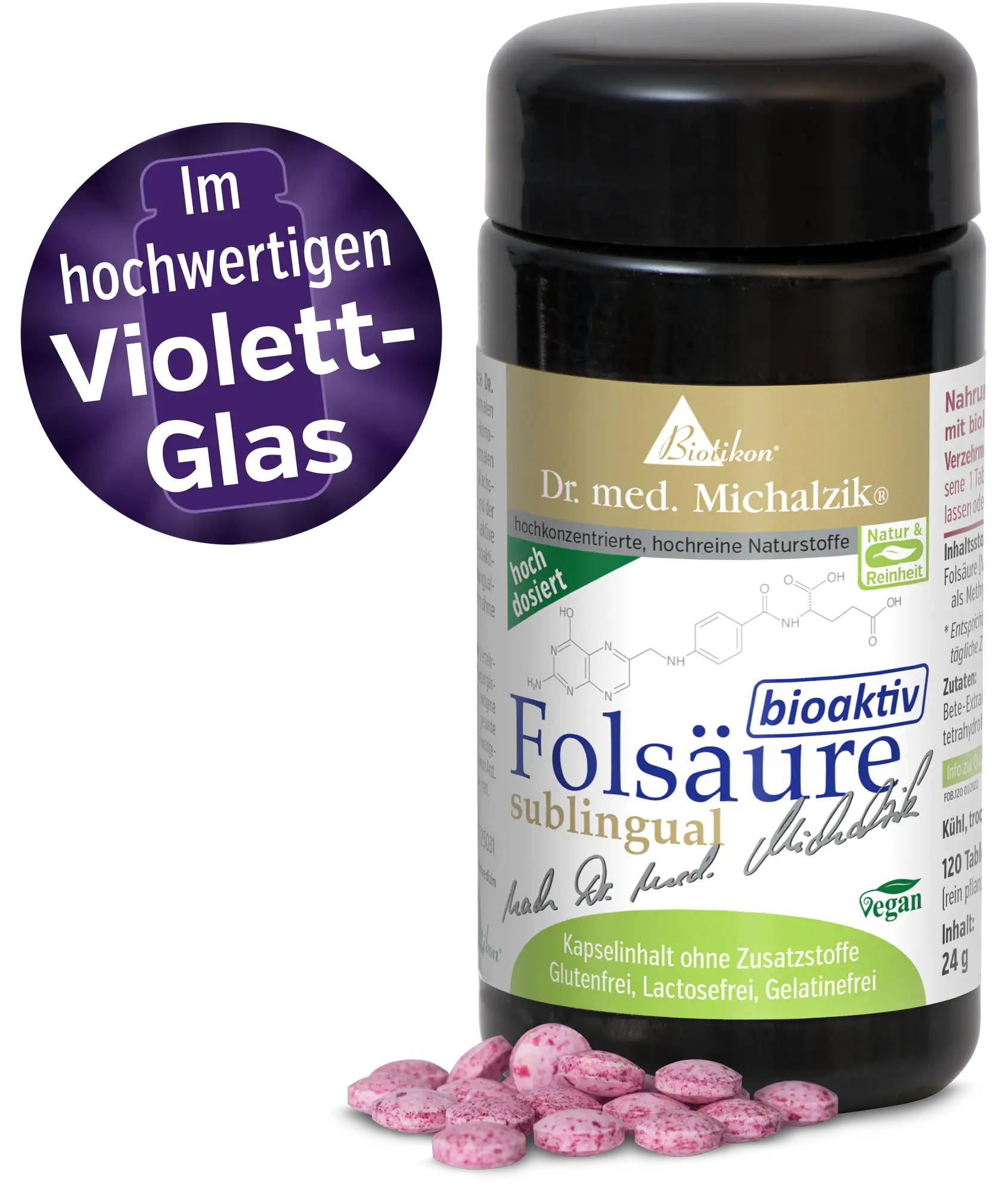 Folsäure bioaktiv sublingual-Dose im hochwertigen Violettglas Folsäure-Kapseln im violetten Glasbehälter, 120 Stück, pinke Kapseln auf dem Tisch.