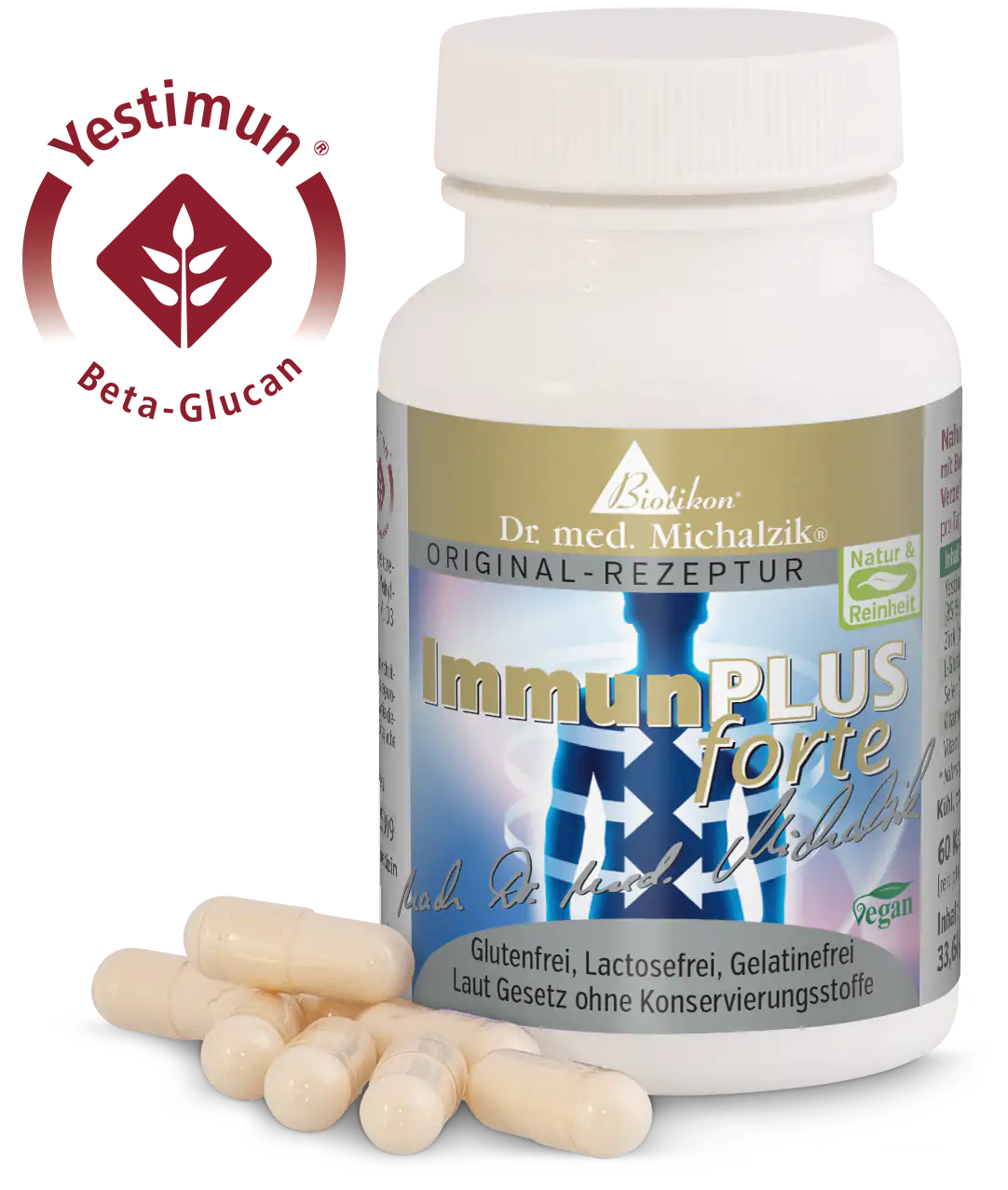 ImmunPLUS forte – 60 Kapseln Weißes Fläschchen mit 60 Kapseln, glutenfrei und laktosefrei, vegane Inhaltsstoffe.