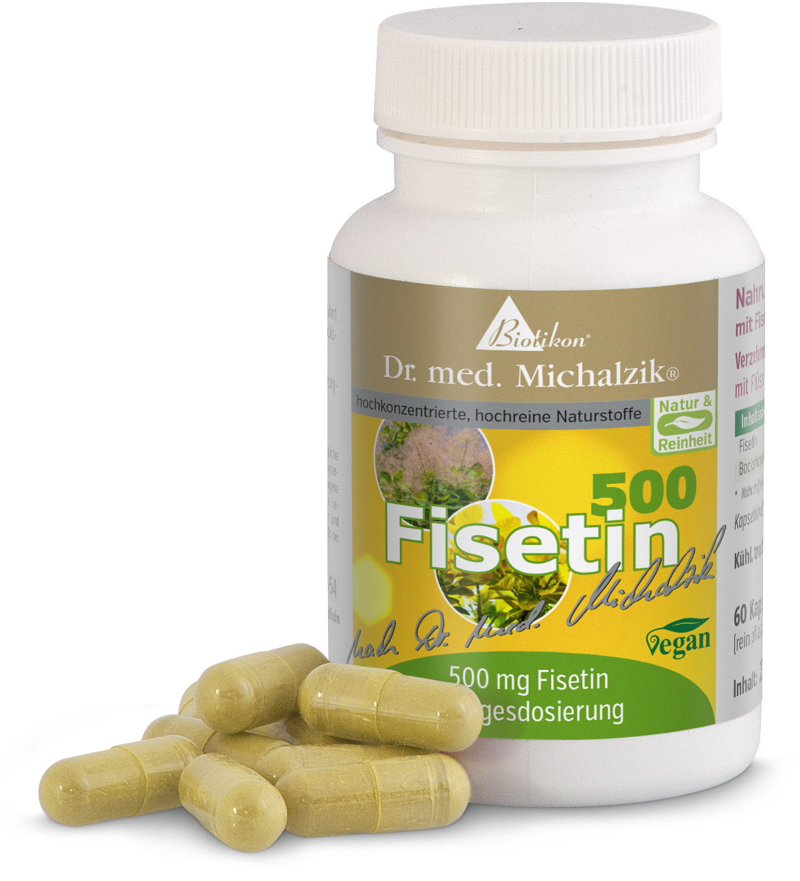 Fisetin 500 mg – Kapseln Flasche mit 60 veganen Kapseln, Inhalt Fisetin 500 mg, gelblich, seitliche Ansicht.