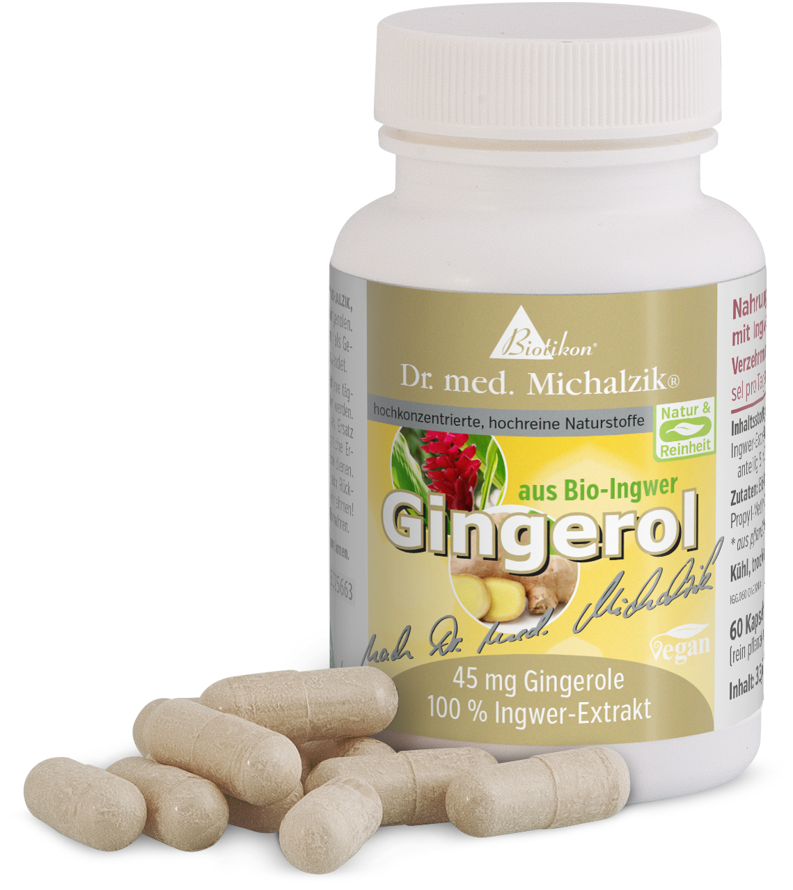 Gingerol 45 mg – Kapseln Flasche mit Gingerol-Kapseln, 60 Stück, hellbraun, aus Bio-Ingwer, vegane Form.
