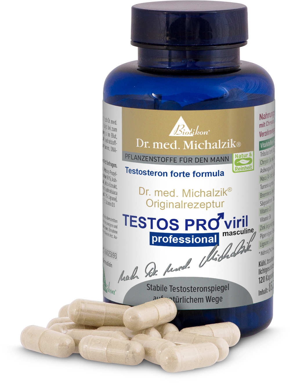 Testosteron forte 120 Kapseln – Dr. med. Michalzik Blaue Flasche mit Testosteron forte Formel, 120 Kapseln, auf weißem Hintergrund.