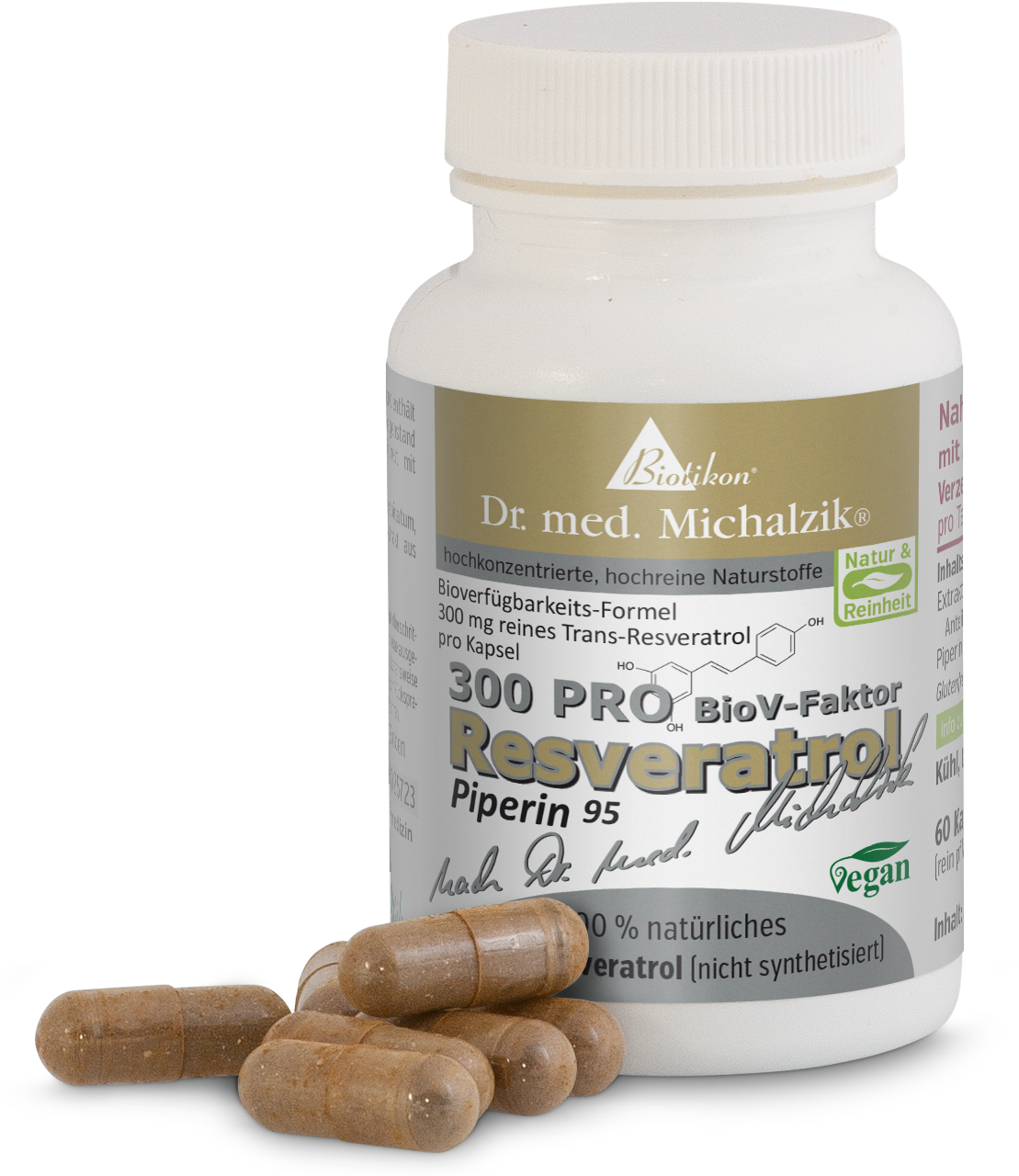 Resveratrol 300 mg – Kapseln Flasche mit 60 Kapseln, beige Kapseln auf dem Tisch, vegan, mit verkaufsfördernder Grafik.