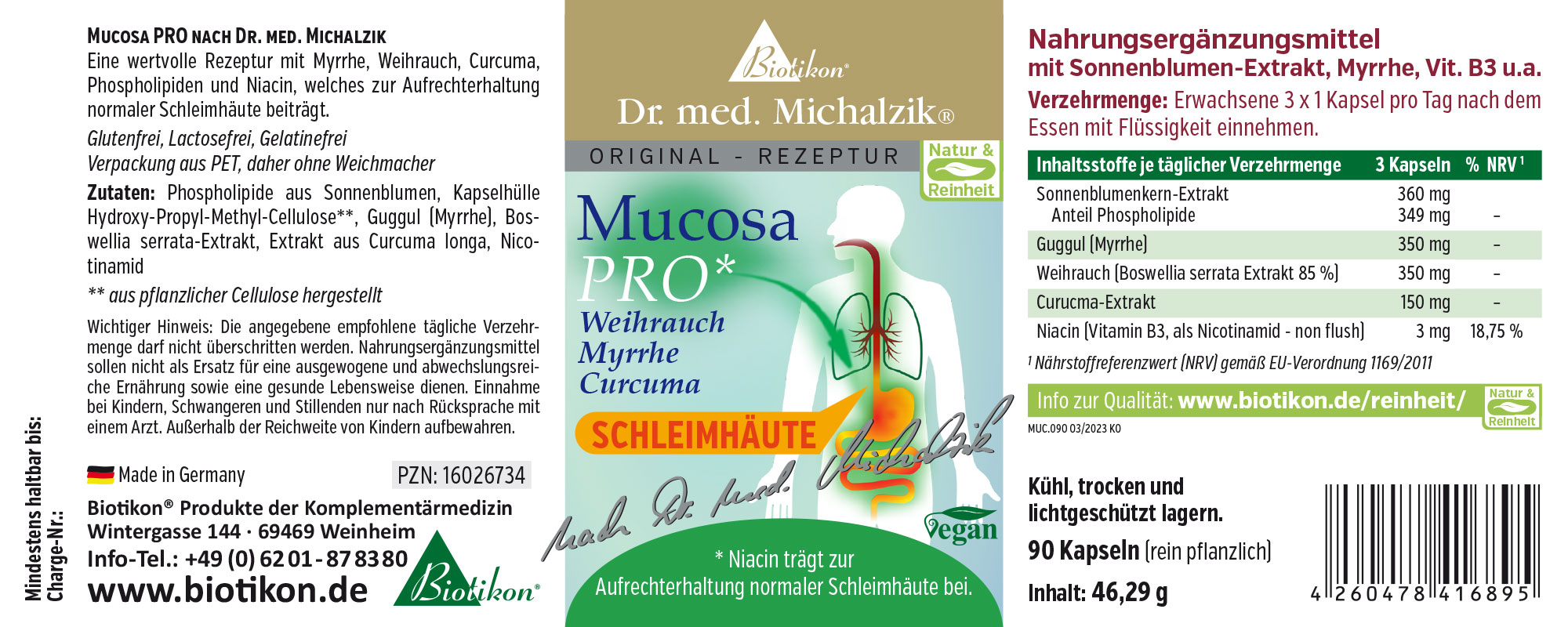 Mucosa PRO 90 Kapseln – Myrrhe, Weihrauch, Curcuma Nahrungsergänzungsmittel in PET-Verpackung, 90 vegane Kapseln, grün-weiße Etikettierung.