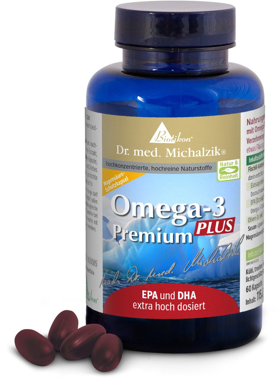 Omega-3 Premium PLUS – Kapseln 60 Stück Blaue Flasche mit 60 Kapseln, rotbraune Kapseln sichtbar, klare Sicht auf Produktetikett.