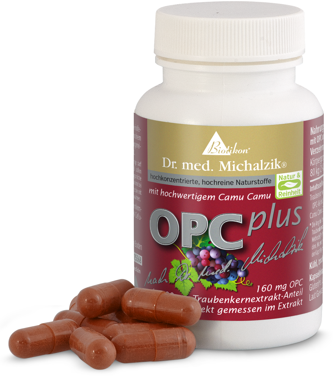 OPC plus 160 mg – Kapseln Flasche mit OPC plus Kapseln, 160 mg, rote Kapseln, Sicht von vorne, Verpackung und Kapseln.