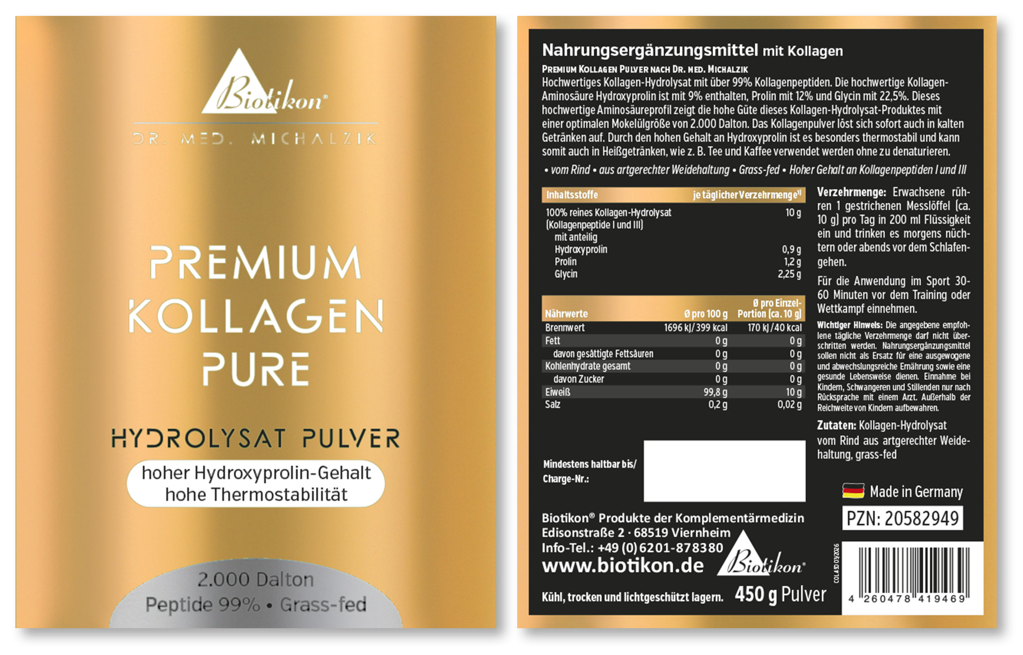 Premium Kollagen Hydrolysat Pulver Abbildung des Etiketts Vorder- und Rückseite