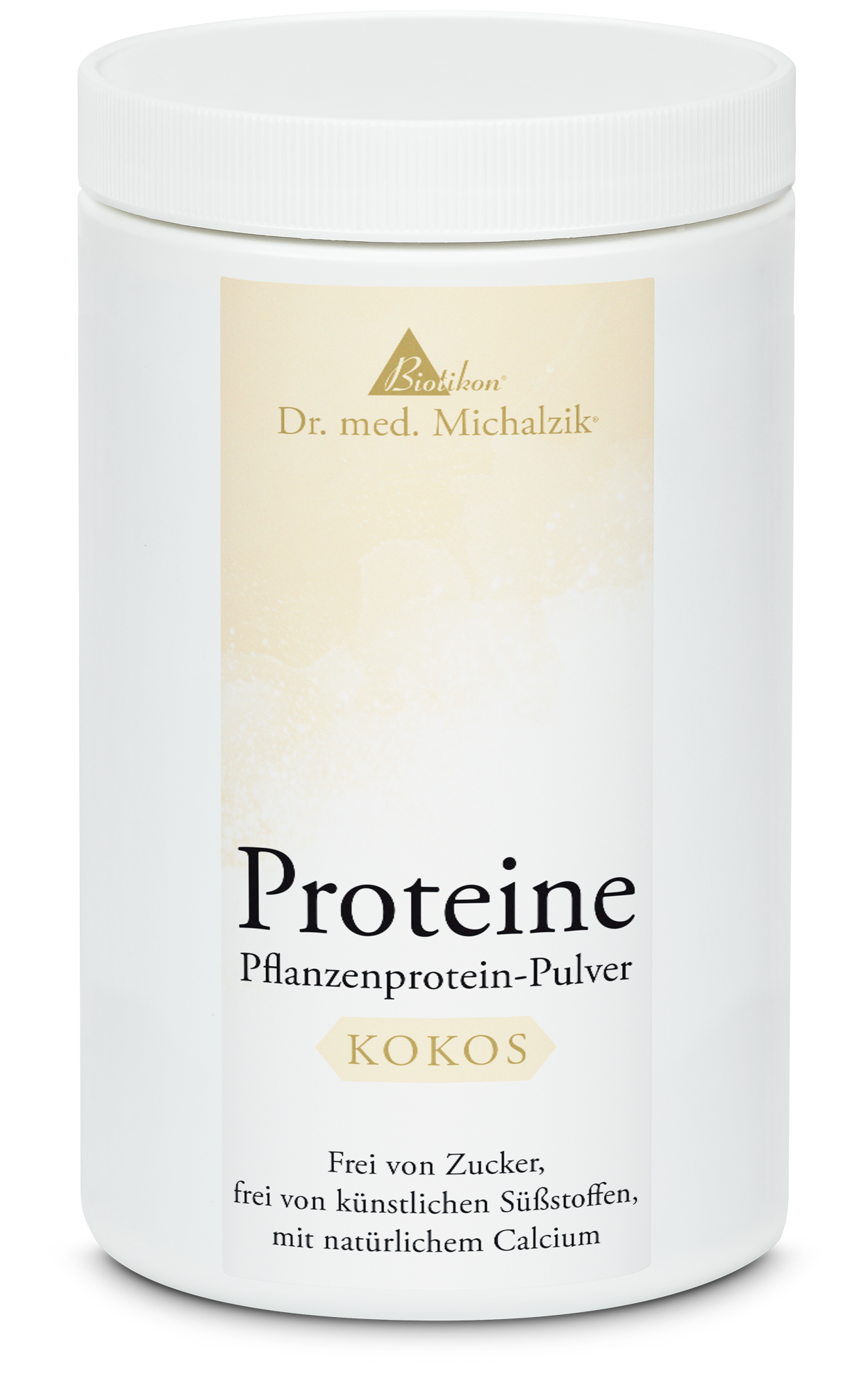 Pflanzenprotein-Pulver Kokos – 500 g Weißes Pulverbehältnis mit Kokos Pflanzenprotein, 500 g, klare Sicht, neutrale Verpackung.