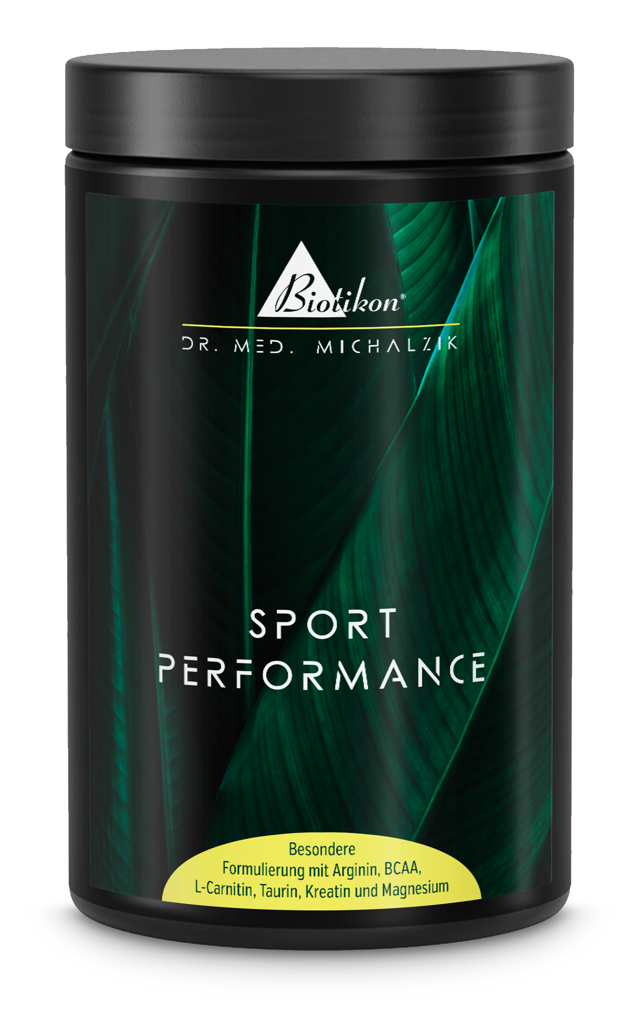 Sport Performance – Pulver Sport Performance Pulver in schwarzer Dose mit grüner Verpackung, zeigt besondere Formulierung.