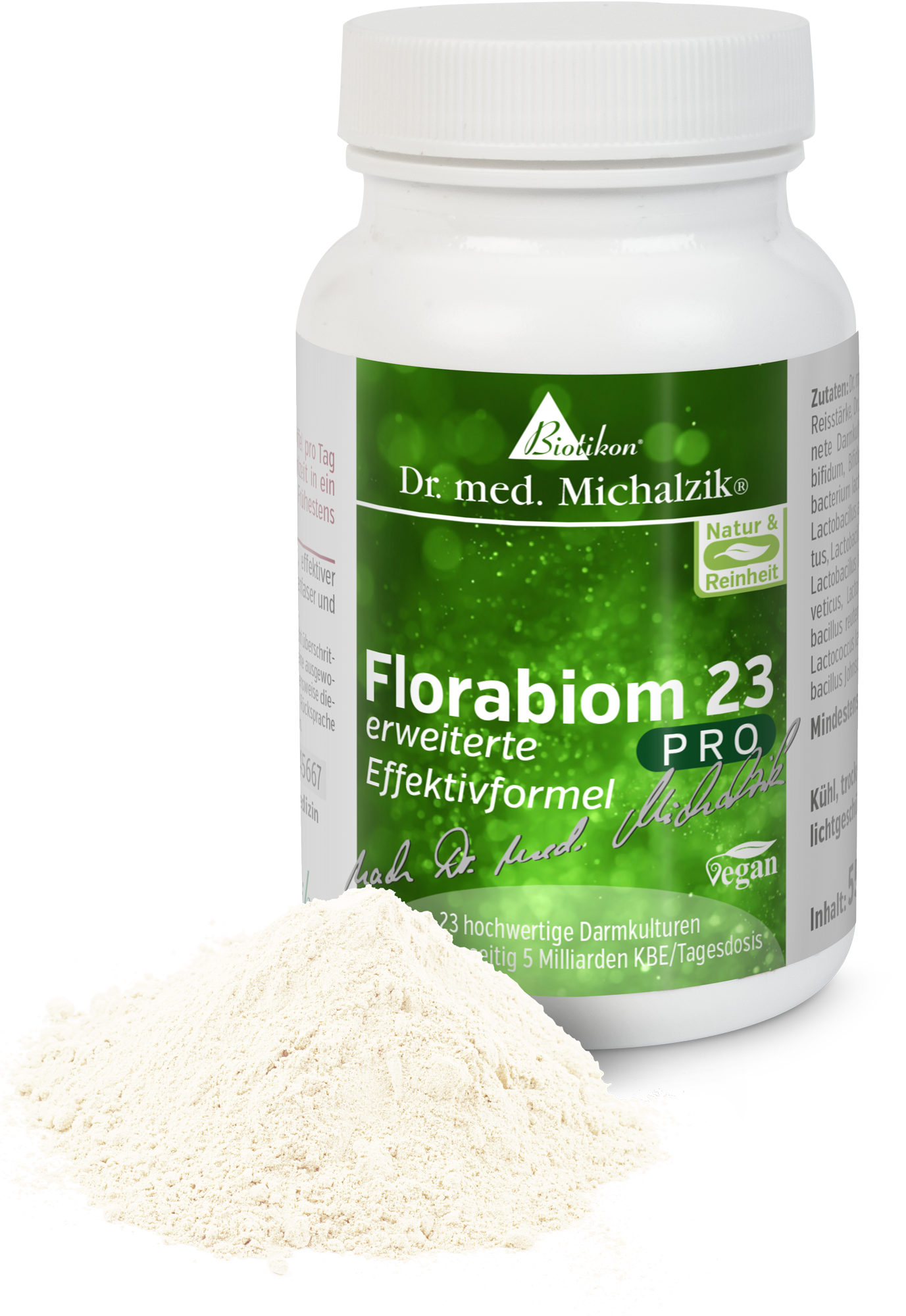 Florabiom 23 PRO – Pulver Probiotisches Pulver mit 23 hochwertigen Darmkulturen, 250g Dose mit weißem Inhalt.