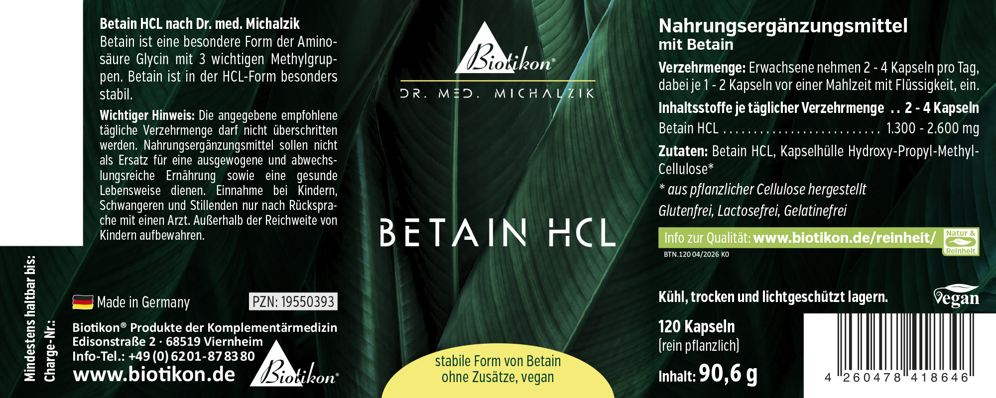 Nahrungsergänzungsmittel Betain HCL in einer Packung mit 120 veganen Kapseln, grüne Verpackung, Vorderansicht.