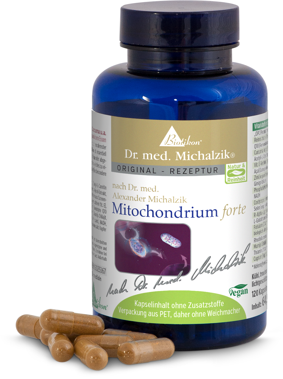 Mitochondrium forte – 120 Kapseln Blauer Flakon mit 120 veganen Kapseln, Kapseln in beige, abgebildete Kapseln auf dem Tisch.