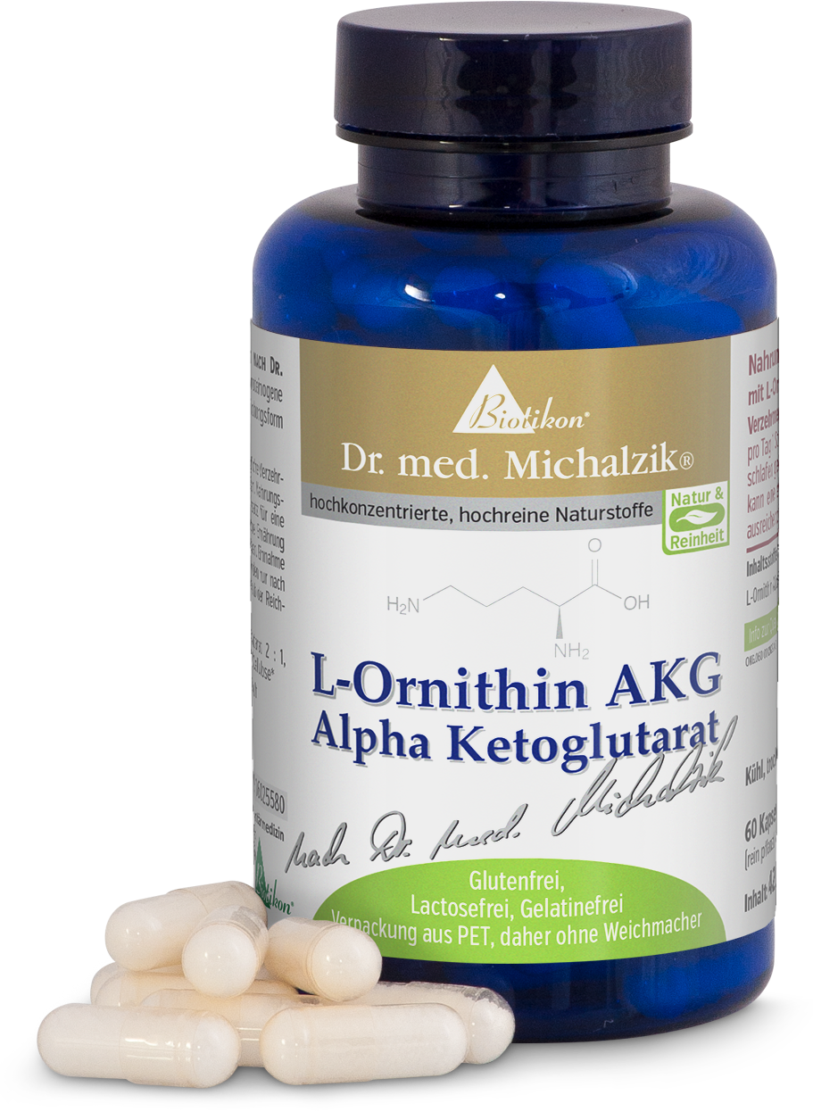 L-Ornithin AKG – 60 Kapseln Blauer Kunststoffbehälter mit L-Ornithin AKG Kapseln, 60 Stück, Vorderansicht, Nahrungsergänzungsmittel.