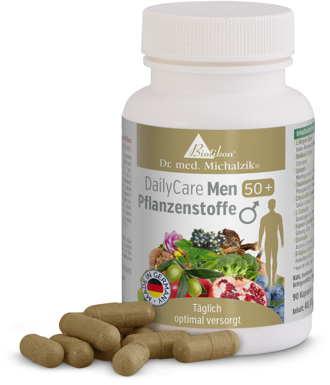 Pflanzenstoffe Kapseln 90 Stück – DailyCare Men 50+ Verpackung mit Kapseln von DailyCare Men 50+, 90 pflanzliche Kapseln, in hellem Flakon, umgeben von Kapseln.