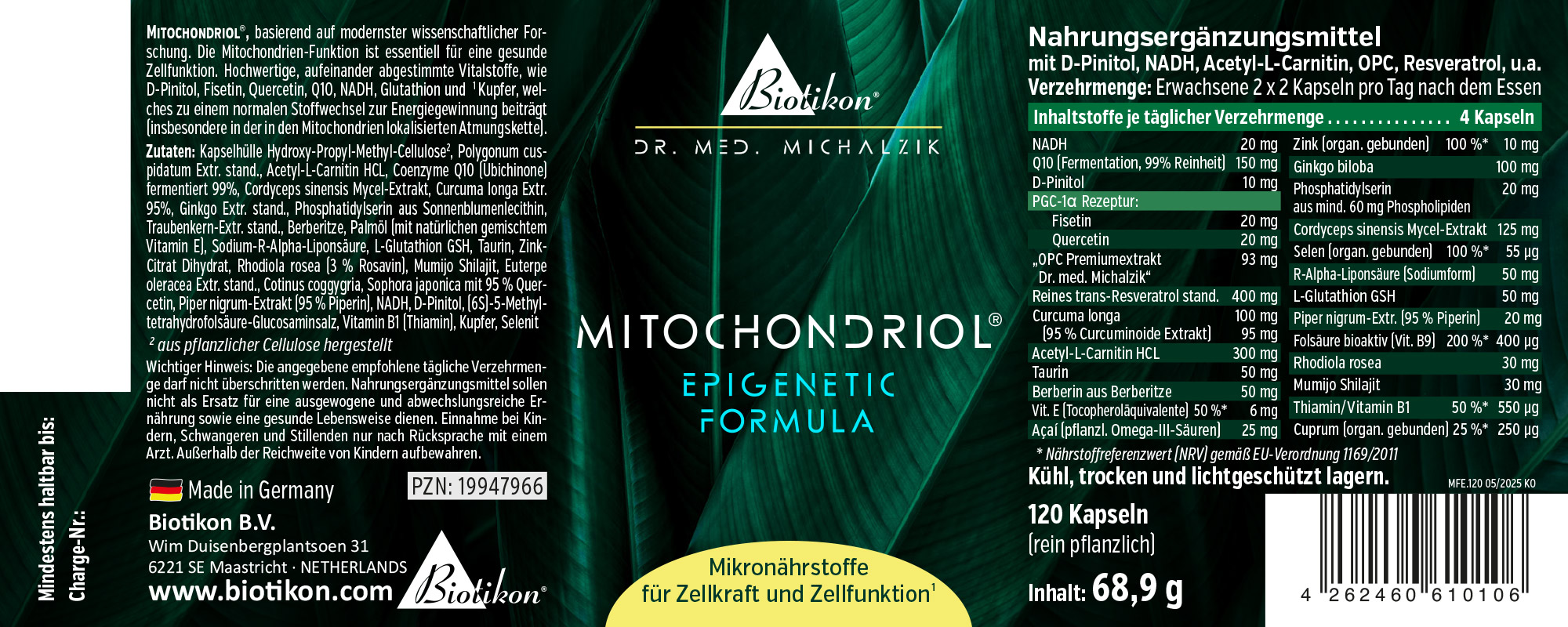 Mitochondriol 120 Kapseln – Nahrungsergänzungsmittel Ergänzungsmittel in einer dunklen Verpackung mit grünem Design, enthält 120 pflanzliche Kapseln.