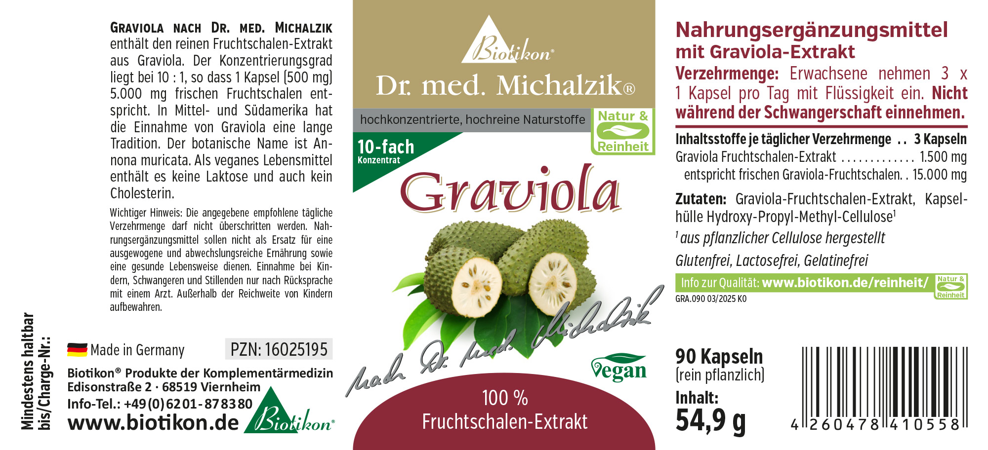 Graviola 500 mg – 90 Kapseln Graviola Kapseln, 90 Stück, 500 mg Fruchtansatz, braune Verpackung, Seitansicht