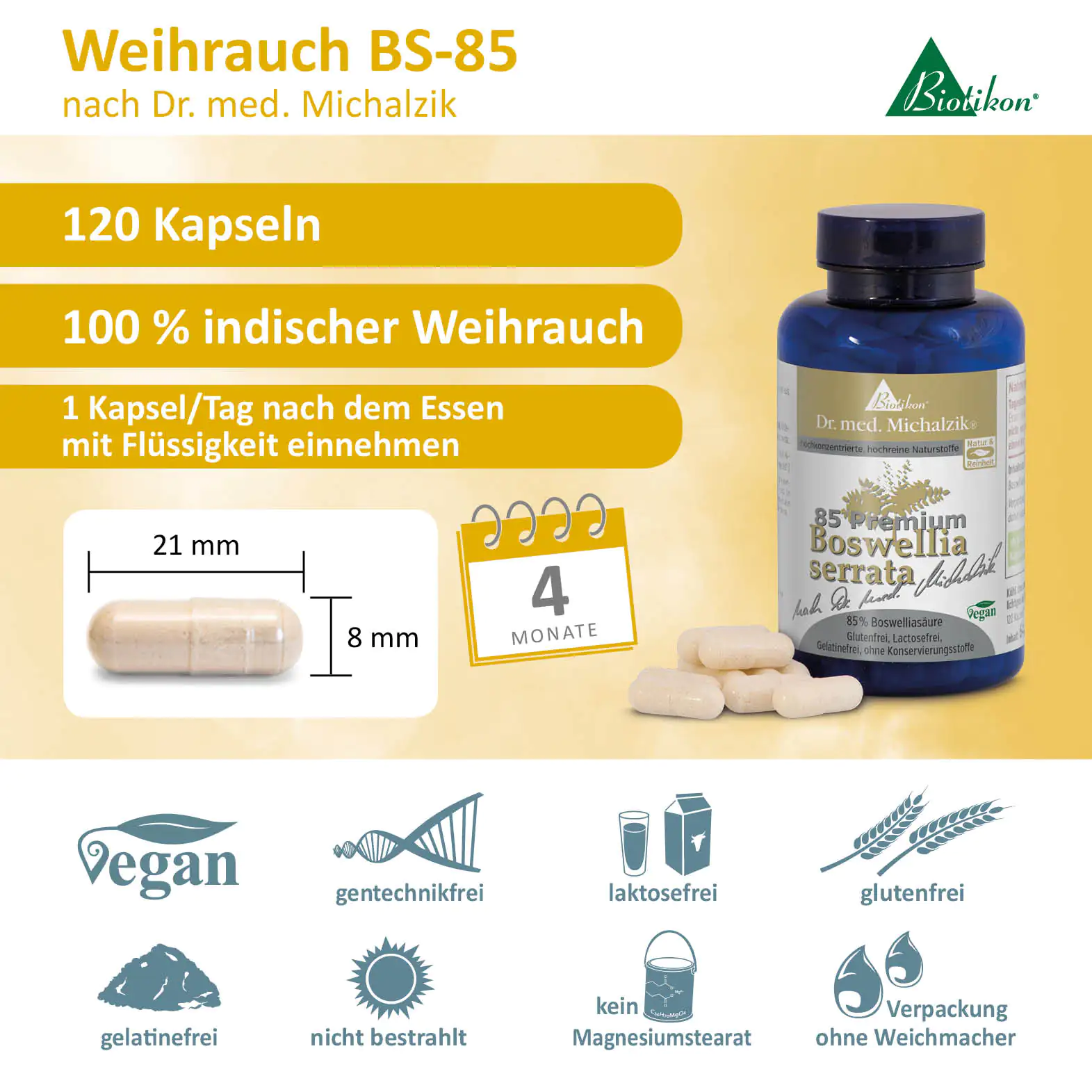 Weihrauch BS-85 – 120 Kapseln Weihrauch BS-85 in blauer Verpackung, 120 Kapseln, vegan, genfrei, laktosefrei, glutenfrei.
