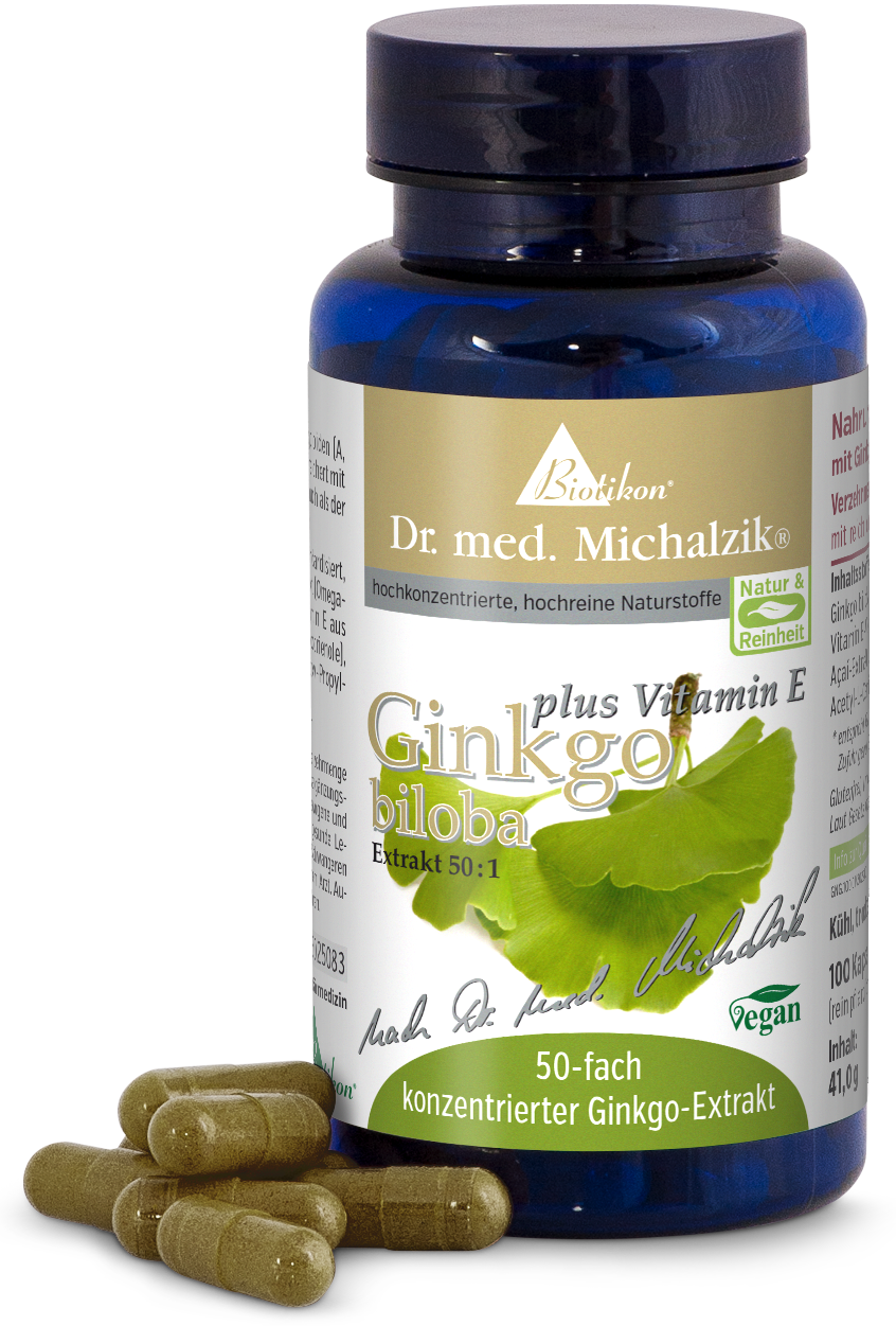 Ginkgo Biloba 50:1 – Kapseln Blaue Glasflasche mit 50-fachem Ginkgo-Extrakt und Vitamin E, 100 Kapseln, braun-grüne Kapseln im Vordergrund.