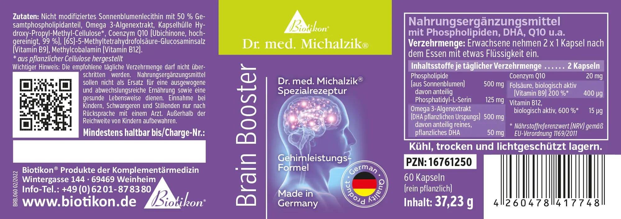 Brain Booster – 60 Kapseln Nahrungsergänzungsmittel Brain Booster in lila Verpackung, 60 Kapseln, pflanzlich, mit Phospholipiden, DHA und Coenzym Q10.