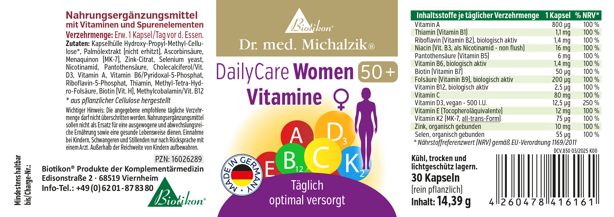 DailyCare Women 50+ Vitamine Etikett DailyCare Women 50+ Vitamin E, 30 Kapseln in blauer Verpackung, in der Seitenansicht.