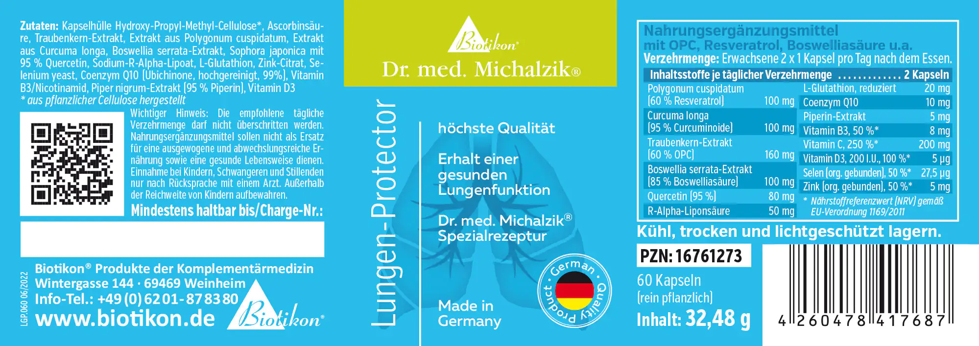 Lungen-Protector – 60 Kapseln Nahrungsergänzungsmittel in blauer Verpackung, 60 pflanzliche Kapseln, Übersicht der Inhaltsstoffe auf der Seite.