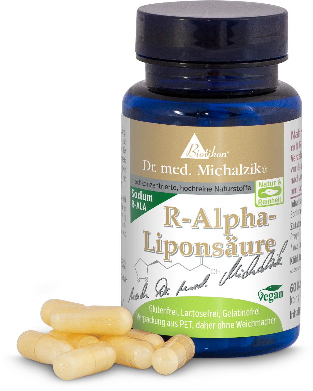 R-Alpha-Liponsäure – 60 Kapseln Flasche mit R-Alpha-Liponsäure Kapseln, 60 Stück, gelb, vegan.