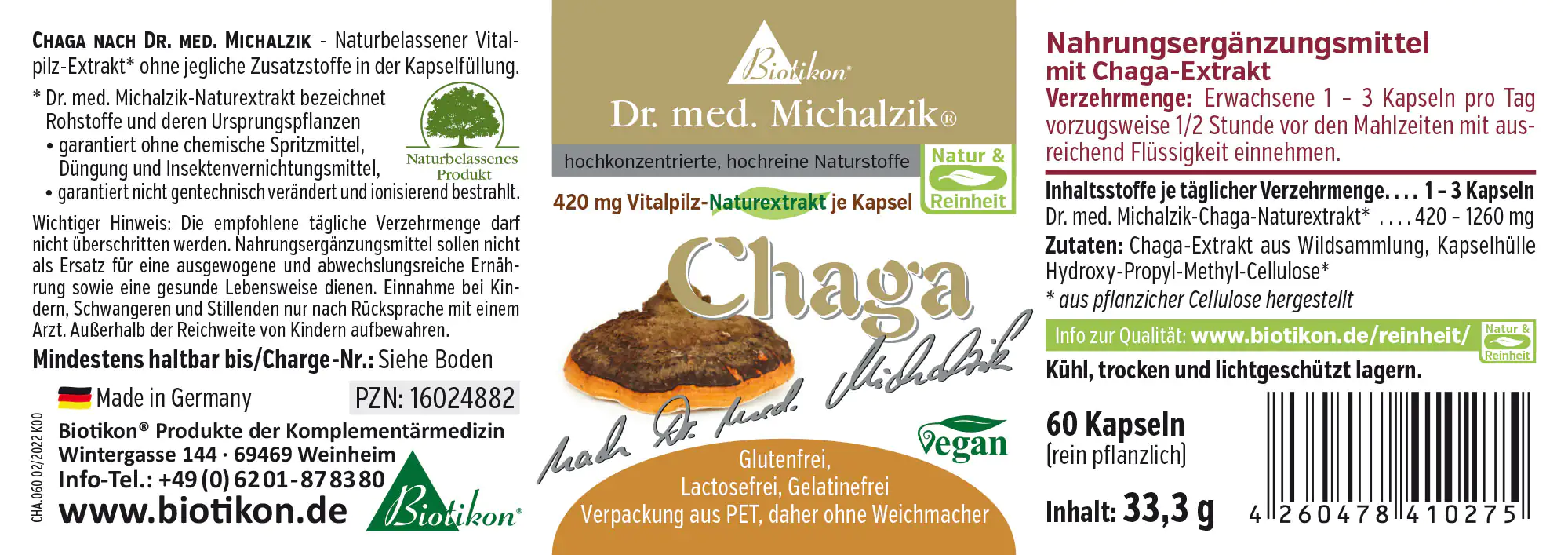 Chaga Pilz-Extrakt 420 mg – 60 Kapseln Chaga Pilz-Extrakt in Kapseln, 60 Stück, mit veganer Verpackung, farbige Abbildung der Kapseln und des Inhalts.