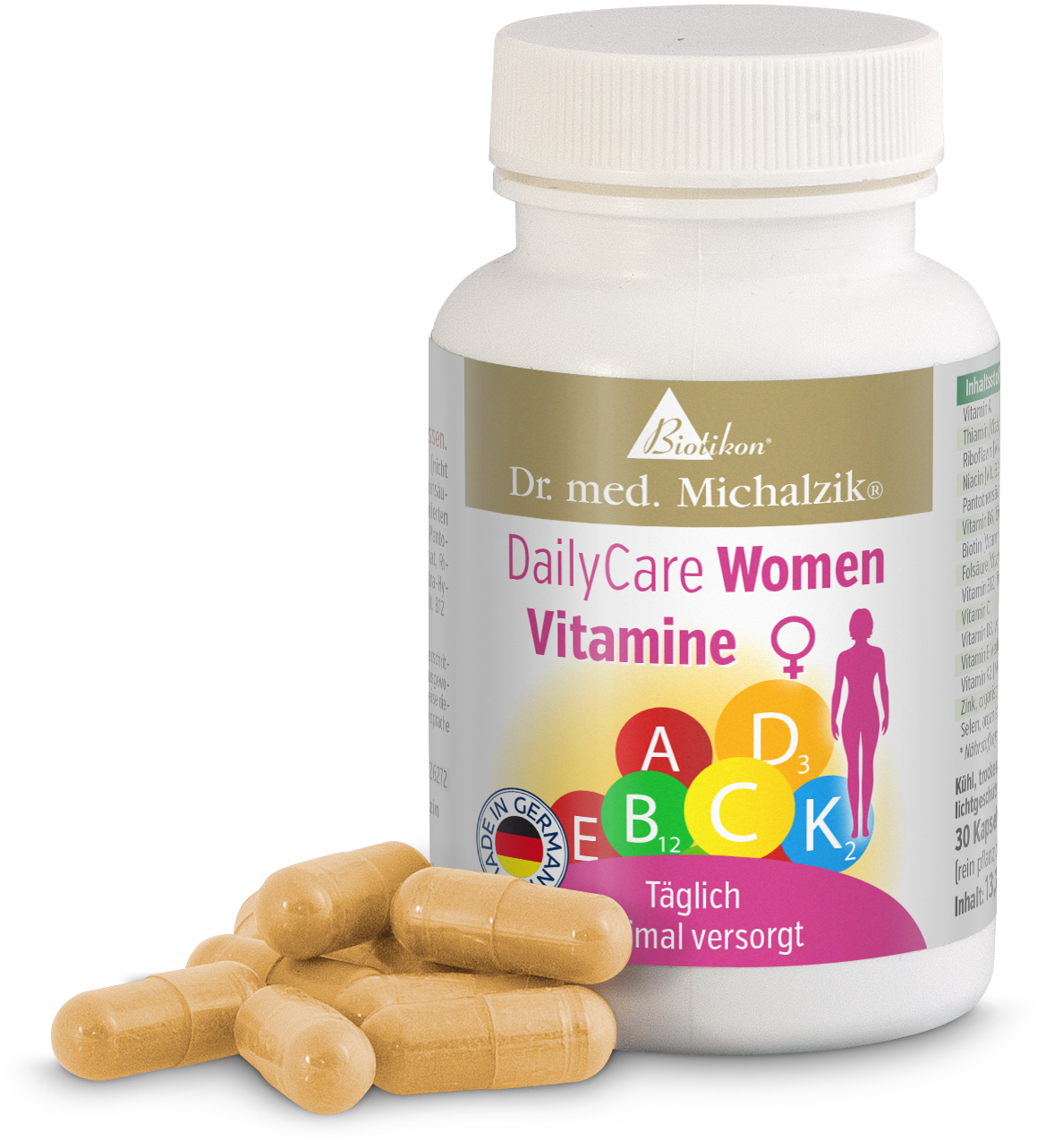 Vitamin DailyCare Women – 30 Kapseln Weißer Kunststoffbehälter mit 30 Kapseln, beige farbige Kapseln liegen davor, buntes Etikett.