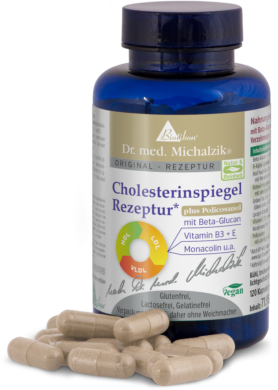 Cholesterinspiegel Rezeptur plus Policosanol – Kapseln Braune Kapseln aus einer blauen Flasche mit 90 Stück, vegan und glutenfrei.