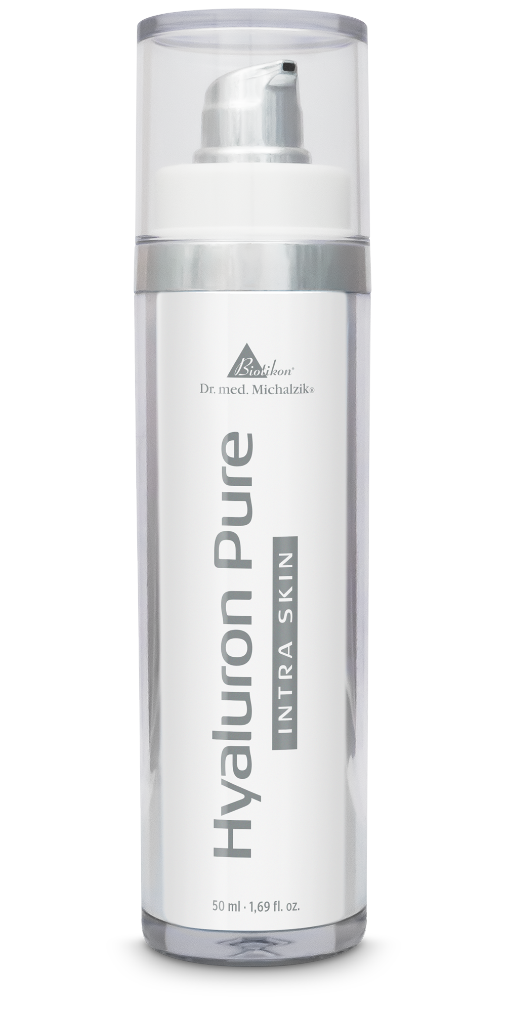 Hyaluron Pure 50 ml – Pumpflasche Hyaluron Pure in einer transparenten Pumpflasche, 50 ml, silberne Akzente, klare Sicht