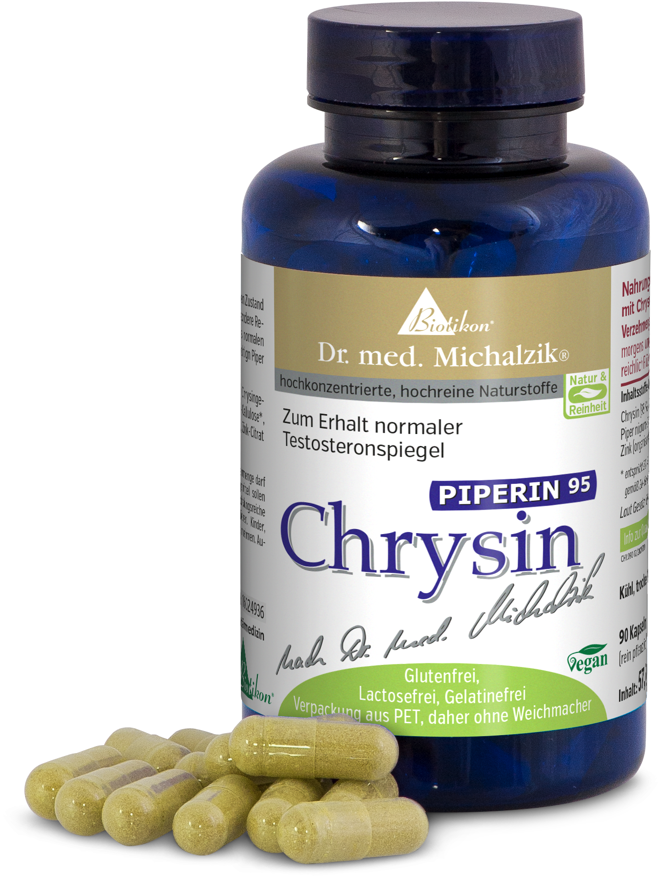 Chrysin 90 Kapseln – Nahrungsergänzungsmittel Blaues Fläschchen mit 90 Kapseln, gelblich, vegan, glutenfrei, auf weißem Hintergrund.