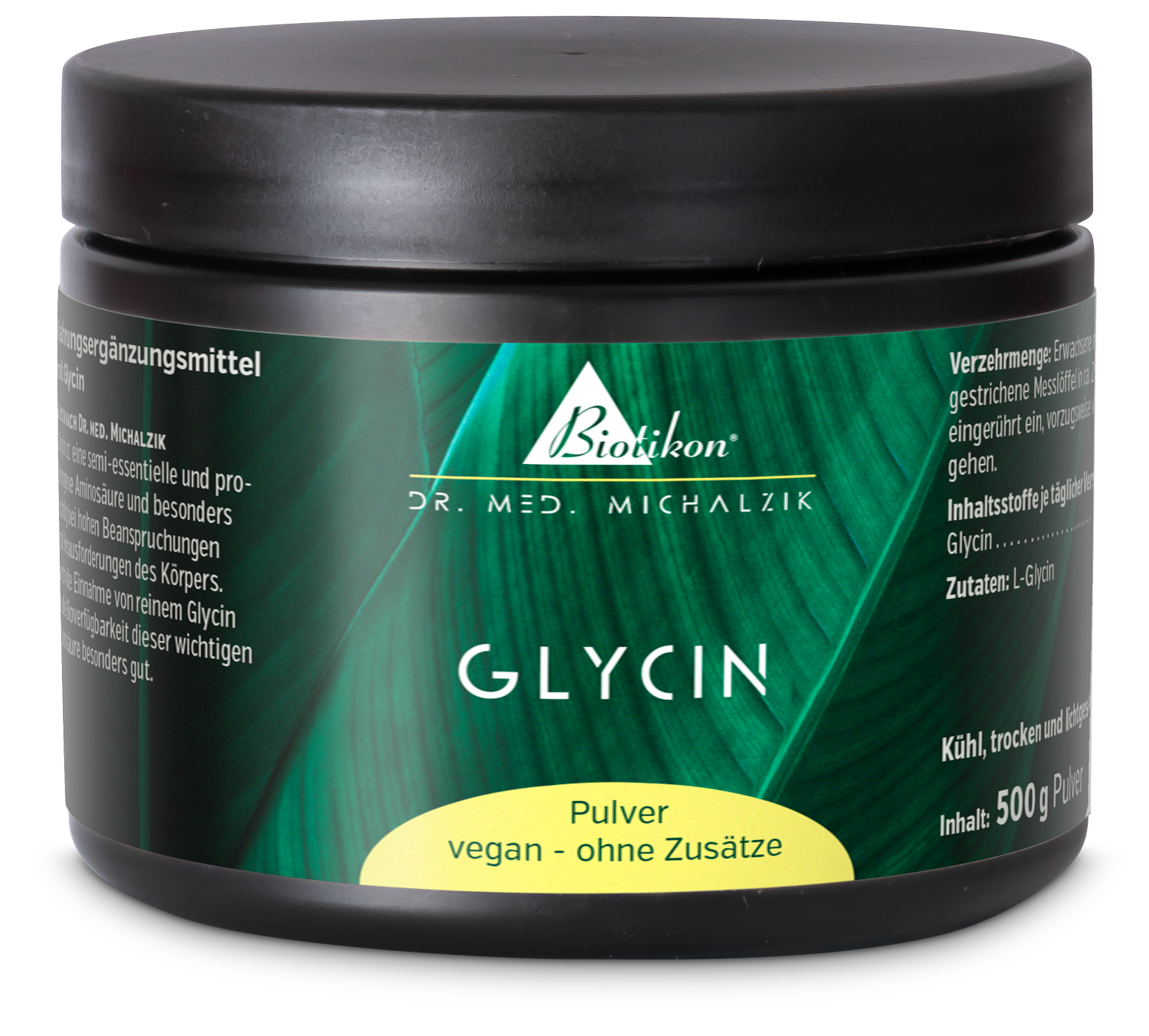 Glycin Pulver – 500 g Glycin Pulver in schwarzer Dose, 500 g, vegan, ohne Zusatzstoffe.