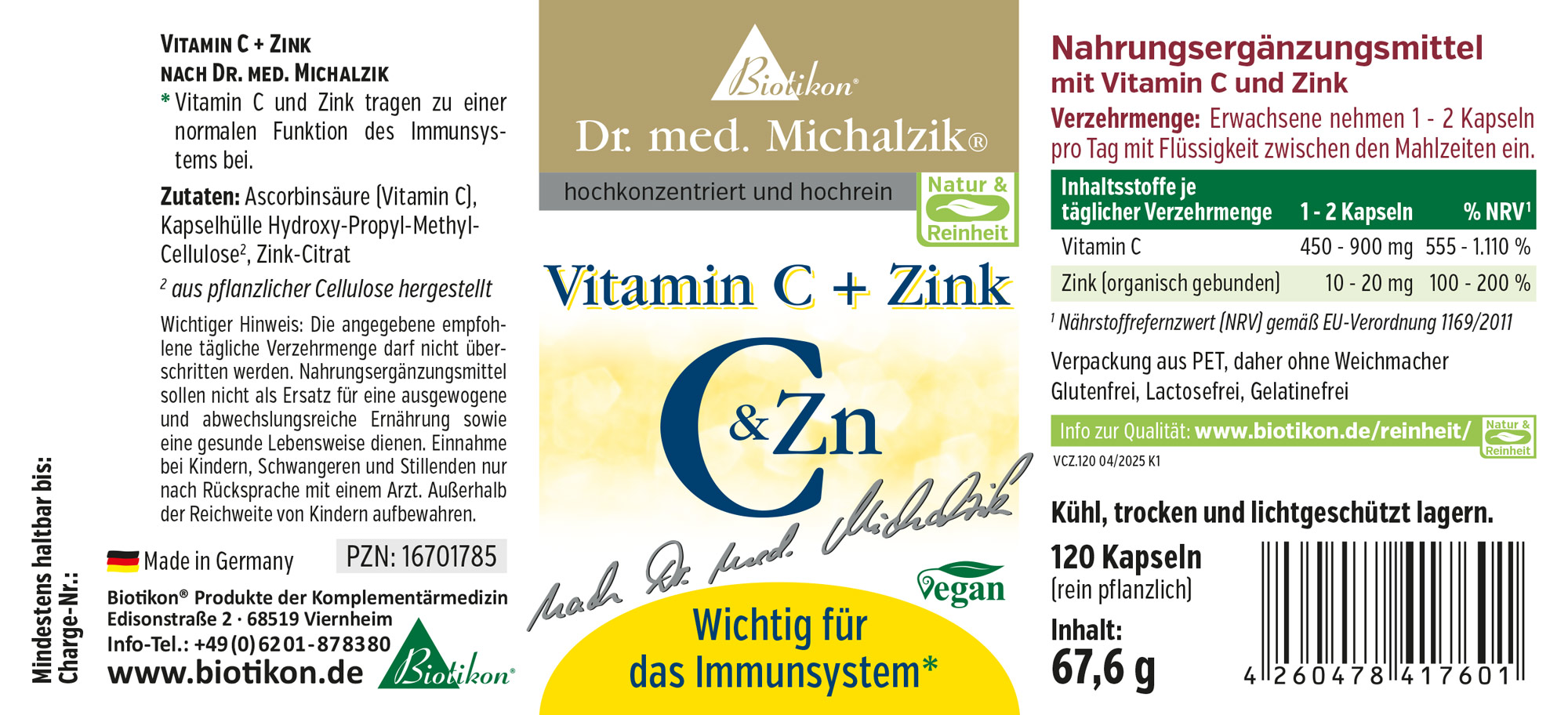Vitamin C + Zink 120 Kapseln Nahrungsergänzungsmittel mit Vitamin C und Zink, 120 Kapseln in transparenter Verpackung, vegan, aus pflanzlicher Cellulose.