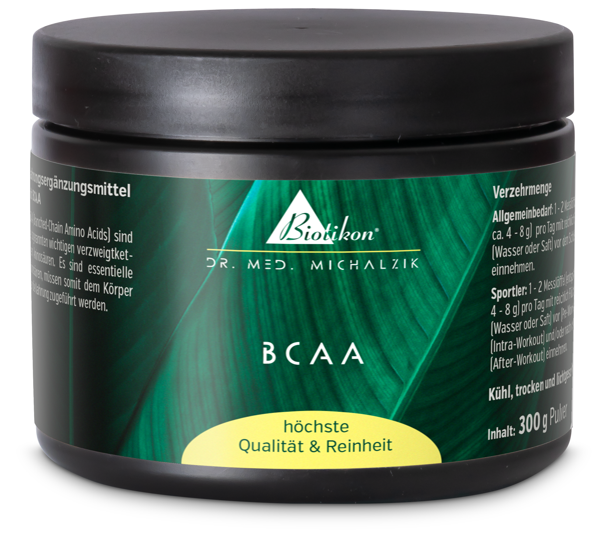 BCAA 300 g – Pulver BCAA Nahrungsergänzungsmittel in einem schwarzen 300 g Pulverbehälter, mit grüner Verpackung.
