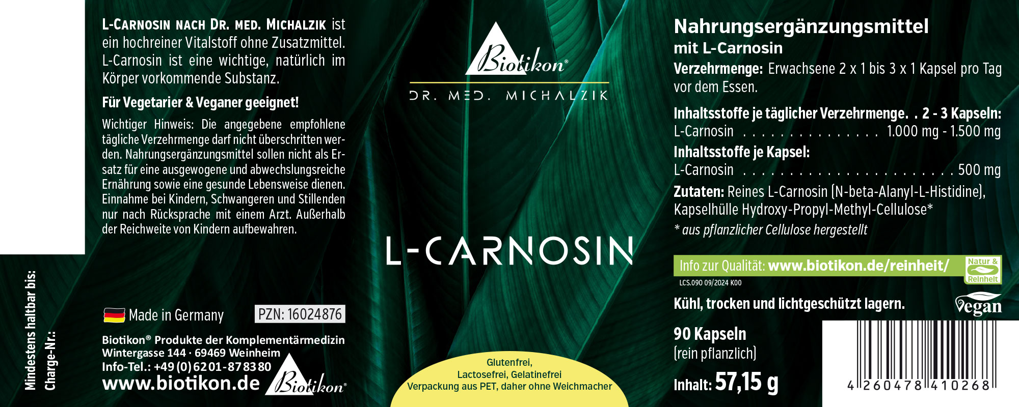 L-Carnosin 500 mg – 90 Kapseln L-Carnosin Nahrungsergänzungsmittel, 90 vegane Kapseln, grüne Verpackung, Vorderansicht.