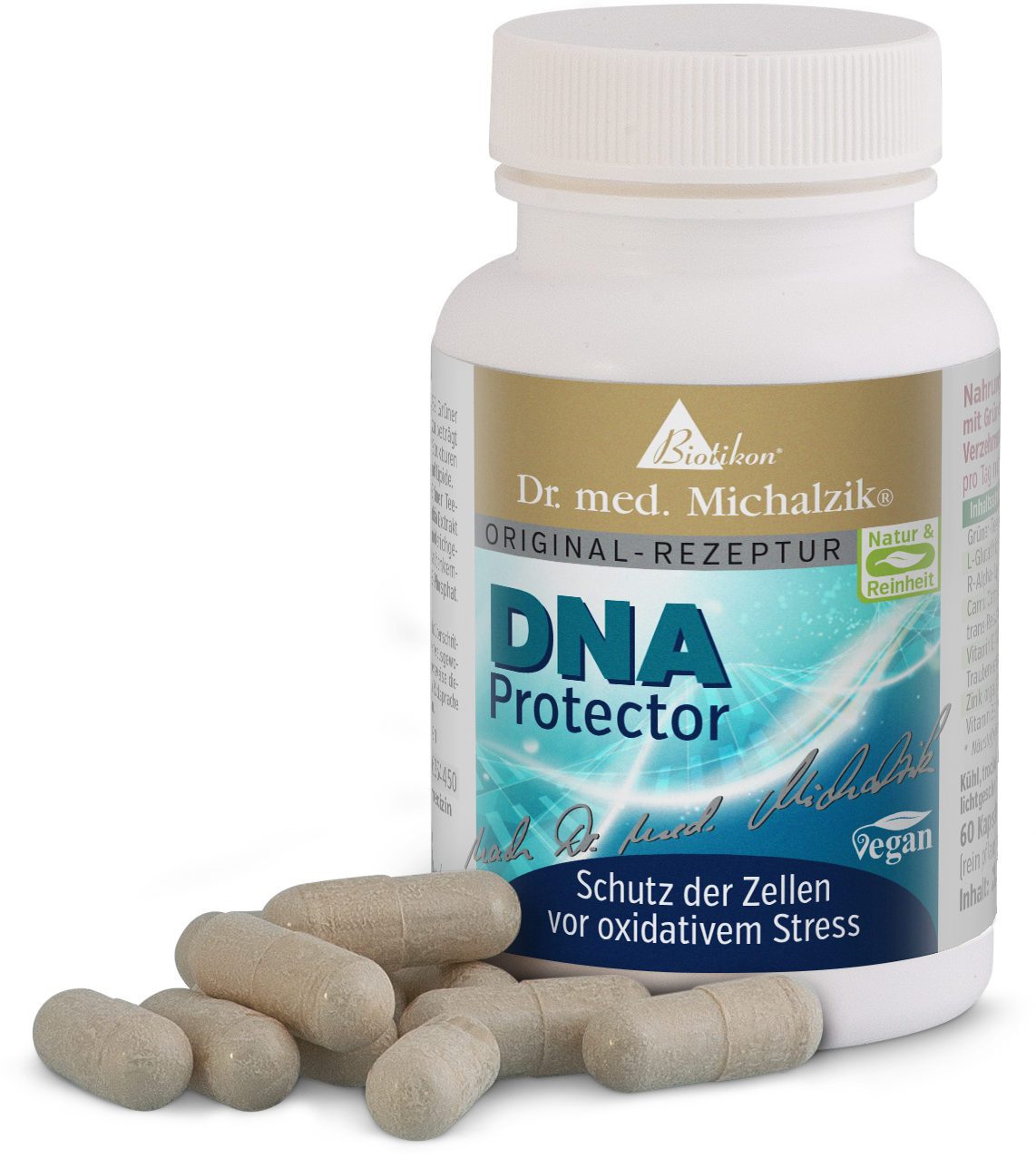 DNA Protector – Kapseln DNA Protector Kapseln, 60 Stück in weißer Flasche, vegan, seitlich sichtbar.